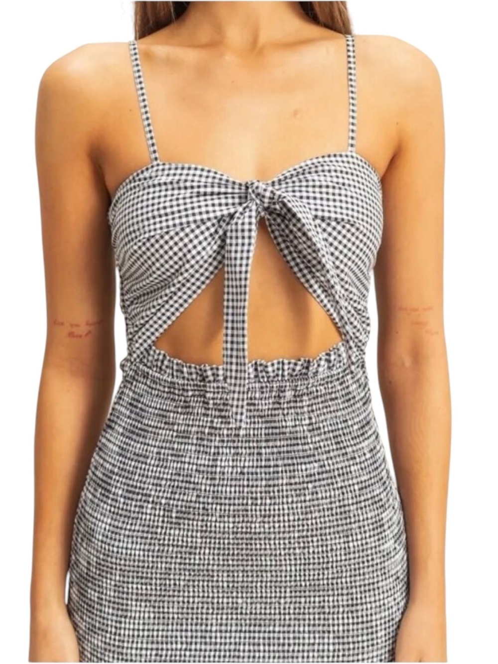 Mable Gingham Smocked Tie Front Midi Dress Maternity, small in black/white